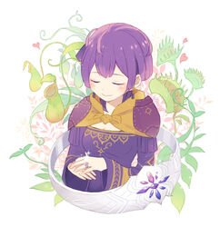  bernadetta_von_varley closed_eyes closed_mouth earrings facing_viewer female fire_emblem fire_emblem:_three_houses heart jewelry long_sleeves pitcher_plant plant purple_hair ring short_hair smile solo tefutene upper_body venus_flytrap white_background 