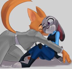  absurd_res anthro breasts canid canine closed_eyes clothing crossover diane_foxington disney dreamworks duo female female/female fox fur grey_body grey_fur hexecat hi_res judy_hopps kissing lagomorph leporid mammal multicolored_body multicolored_fur one_eye_closed orange_body orange_fur rabbit size_difference small_breasts smile the_bad_guys wink zootopia 