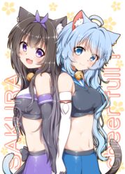  2girls :3 :d ahoge animal_ear_fluff animal_ears arashio_(azur_lane) asashio_(azur_lane) azur_lane back-to-back bare_shoulders bell black_gloves black_hair black_shirt blue_eyes blue_hair blue_skirt blush bow breasts cat_ears cat_tail cheerleader commentary_request cover cover_page cowboy_shot crop_top doujin_cover elbow_gloves gloves hair_between_eyes hair_intakes hairbow head_tilt hestia_(neko_itachi) holding_hands large_breasts long_hair looking_at_viewer medium_breasts midriff multiple_girls navel neck_bell open_mouth purple_bow purple_eyes purple_skirt shirt sidelocks skirt sleeveless sleeveless_shirt smile standing tail taut_clothes taut_shirt white_background white_gloves 