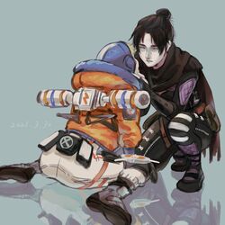  2girls apex_legends ass black_bodysuit black_hair black_scarf blonde_hair blue_background blue_headwear bodysuit bossan_3310 bow dated hairbow highres hood hooded_jacket jacket knee_pads multiple_girls orange_jacket scarf sitting wariza wattson_(apex_legends) white_bodysuit wraith_(apex_legends) yuri 