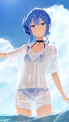  alternate_costume bikini bikini_under_clothes blue_bikini blue_eyes blue_hair blue_sky cloud collarbone commentary_request day female flat_chest grin highres hololive hoshimachi_suisei looking_at_viewer makimaki_makky7 medium_hair ocean outdoors see-through see-through_shirt shirt side_ponytail sky smile solo star_(symbol) star_in_eye swimsuit symbol_in_eye teeth virtual_youtuber water wet wet_clothes wet_shirt white_shirt 