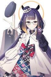  asymmetrical_sleeves beret black_dress black_hair black_hat black_sleeves blue_eyes blunt_bangs bow cellphone clothes_hanger coat coat_rack commentary dress female floral_print glasses gradient_hair halo hat highres holding holding_phone hololive hololive_english korean_commentary long_hair long_sleeves looking_at_viewer low_twintails mini_hat mismatched_sleeves mole mole_under_eye multicolored_bow multicolored_clothes multicolored_dress multicolored_hair ninomae_ina&#039;nis ninomae_ina&#039;nis_(party_dress) official_alternate_costume official_alternate_hairstyle orange_hair phone pinafore_dress pinstripe_pattern pinstripe_shirt pointy_ears puffy_sleeves purple_dress rumi_(rarumi11) shirt sidelocks simple_background sleeveless sleeveless_dress smartphone smile solo striped tentacle_hair twintails two-tone_hair very_long_hair virtual_youtuber white_background white_coat white_sleeves 