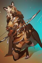  2:3 african_wild_dog anthro arrow_(weapon) bow_(weapon) breasts canid canine clothed clothing digital_media_(artwork) female fur hair hi_res mammal multiple_ear_ring okithau one_eye_closed panties panty_peek ranged_weapon simple_background solo underwear weapon 