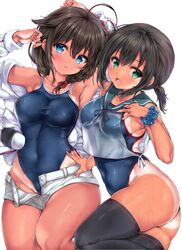  ahoge bad_id bad_twitter_id black_hair black_thighhighs blue_eyes blue_one-piece_swimsuit blue_sailor_collar braid breasts commentary_request competition_school_swimsuit fubuki_(kancolle) green_eyes hair_flaps hair_over_shoulder highleg highleg_swimsuit highres jacket kantai_collection low_ponytail medium_breasts multiple_girls nijimoto_hirok one-piece_swimsuit one-piece_tan open_clothes open_fly open_jacket ponytail sailor_collar school_swimsuit shigure_(kancolle) shigure_kai_ni_(kancolle) shirt short_ponytail short_shorts shorts side-tie_shirt sidelocks single_braid sleeveless sleeveless_shirt swimsuit swimsuit_under_clothes tan tanlines thighhighs white_background white_jacket white_shorts 