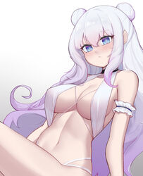  +_+ absurdres aged_up alternate_breast_size arm_garter arm_support azur_lane bare_shoulders blue_eyes blush breasts cleavage closed_mouth commentary double_bun female frills gradient_background gradient_hair grey_background hair_bun highres large_breasts le_malin_(azur_lane) le_malin_(mercredi_at_the_secret_base)_(azur_lane) leaning_back long_hair looking_at_viewer multicolored_hair navel official_alternate_costume pink_hair revealing_clothes sidelocks sitting sliverdog solo stomach very_long_hair white_hair 