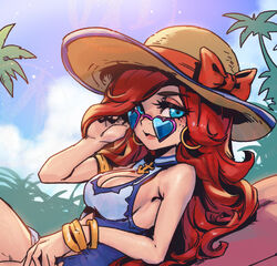  anchor_symbol armlet bare_shoulders blue_eyes blue_one-piece_swimsuit bow bracelet breasts brown_hat casual_one-piece_swimsuit cleavage cloud cowboy_shot day female freckles from_side hand_in_own_hair hand_up hat jewelry large_breasts league_of_legends long_hair miss_fortune_(league_of_legends) one-piece_swimsuit outdoors palm_tree phantom_ix_row pool_party_miss_fortune red_bow red_hair shiny_skin smile solo sun_hat swimsuit tree 