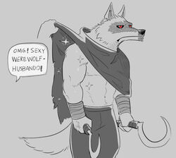  2023 anthro canid canine canis clothed clothing clothing_lift curtis_wuedti death_(puss_in_boots) dialogue dreamworks english_text grey_background greyscale male mammal monochrome muscular muscular_male puss_in_boots_(dreamworks) red_eyes shirt shirt_lift sickle simple_background solo text topwear wolf 