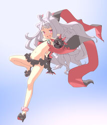  ankle_garter antenna_hair ass_visible_through_thighs bikini black_bikini black_footwear clawed_gauntlets commentary_request dark facial_mark female flat_chest forehead_mark frilled_bikini frills from_side full_body gauntlets groin high_heels highres hoshimiya_kate knee_up leg_up legs long_hair looking_at_viewer lowleg lowleg_bikini lowleg_skirt navel no_mask open_mouth outstretched_arm outstretched_hand red_eyes sekai_seifuku:_bouryaku_no_zvezda shoes skirt smile solo swimsuit thighs uz3d venera-sama white_hair 