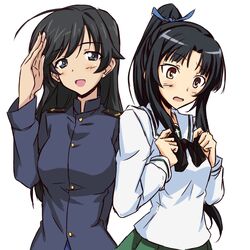  2girls ahoge arm_behind_back asagi501 black_bow black_hair blue_jacket blue_ribbon blush bow bowtie brown_eyes cosplay costume_switch fingernails girls_und_panzer green_skirt hair_ribbon hattori_shizuka hattori_shizuka_(cosplay) high_ponytail highres isuzu_hana isuzu_hana_(cosplay) jacket long_fingernails long_hair looking_at_viewer military military_uniform multiple_girls ooarai_school_uniform ponytail ribbon sailor_collar salute school_uniform serafuku shirt sidelocks skirt smile strike_witches uniform white_background white_sailor_collar white_shirt world_witches_series 