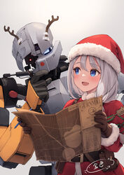  belt belt_buckle blue_eyes blush buckle christmas fake_antlers female gloves hat highres holding kin&#039;iro_dojo long_hair looking_at_object map md5_mismatch mecha open_mouth original robot santa_costume santa_hat simple_background smile solo tied_hair white_hair 