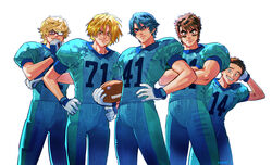  5boys american_football american_football_uniform black_hair blonde_hair blue_hair blue_pants blue_shirt brothers brown_hair cowboy_shot eyeshield_21 glasses gloves hair_between_eyes hands_on_own_hips highres hiroshi_onishi hiroshi_oohira kakei_shun kobanzame_osamu looking_at_viewer male_focus mizumachi_kengo multiple_boys okada_(hoooojicha) pants print_shirt shadow shirt short_hair short_sleeves siblings simple_background sportswear white_background white_gloves 