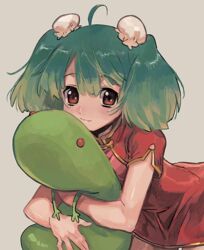  ahoge brown_eyes bun_cover china_dress chinese_clothes commentary_request dress female green_hair grey_background hugging_object kinako_(462) leaning_forward looking_at_viewer macross macross_frontier oosanshouuo-san ranka_lee red_dress short_hair smile solo stuffed_toy 