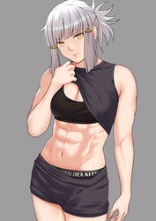  abs bare_shoulders bbk_(13zk) black_sports_bra blunt_bangs brand_name_imitation breasts cleavage clothes_lift commentary fate/grand_order fate_(series) female grey_hair grey_shirt grey_shorts highres lifting_own_clothes long_hair looking_at_viewer medium_breasts muscular navel penthesilea_(fate) shirt shirt_lift shorts sidelocks solo sports_bra thighs underwear yellow_eyes 