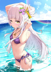  absurdres beach bikini breasts commentary_request female flower grey_hair hair_bun hair_flower hair_ornament hair_tie halterneck highres hololive jewelry long_hair midriff mouth_hold murasaki_shion nail_polish navel necklace outdoors partial_commentary purple_bikini purple_nails short_eyebrows small_breasts solo spice_mega string_bikini swimsuit virtual_youtuber water yellow_eyes 