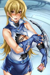  bare_shoulders blonde_hair blue_gloves blush breasts brown_eyes card covered_navel covering_breasts covering_privates cyber_tutu duel_academy_uniform_(yu-gi-oh!_gx) duel_disk female fingerless_gloves gloves hair_between_eyes highres hikari_(komitiookami) holding holding_card indoors large_breasts life_points long_hair md5_mismatch resolution_mismatch sleeveless solo source_smaller sparkle sweat teeth tenjouin_asuka tongue torn_clothes torn_gloves turtleneck upper_teeth_only yu-gi-oh! yu-gi-oh!_gx 