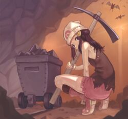  bad_id bad_pixiv_id bare_arms beanie boots cart cave_interior coal commentary_request dawn_(pokemon) eyelashes female hair_ornament hairclip hat holding kneehighs long_hair pickaxe pink_footwear pink_skirt pokemon pokemon_(creature) pokemon_dppt purple_eyes shirt sidelocks skirt sleeveless sleeveless_shirt socks squatting torn_clothes torn_shirt tunguu white_headwear zubat 