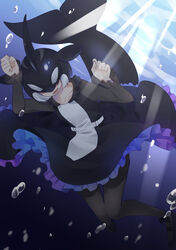  :d air_bubble belt black_hair bubble cetacean_tail collarbone commentary_request covered_eyes day diving dorsal_fin dress female fins fish_tail freediving frilled_dress frills hair_over_eyes head_fins highres isobee kemono_friends knees_together_feet_apart long_sleeves medium_hair multicolored_hair open_mouth orca_(kemono_friends) pantyhose smile solo submerged tail two-tone_hair underwater water white_pantyhose 