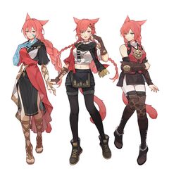  3girls animal_ears arm_across_waist bare_shoulders black_dress black_footwear black_pantyhose black_scarf black_shorts black_skirt boots braid brown_gloves cat_ears cat_girl cat_tail chaffxiv commentary crop_top crystal_exarch crystallization dress elbow_gloves english_commentary final_fantasy final_fantasy_xiv fingerless_gloves fringe_trim full_body g&#039;raha_tia genderswap_(mtf) gloves green_eyes hair_between_eyes hair_ornament hand_on_own_chest hand_up heterochromia highres hood hood_down hooded_dress jacket jewelry knee_pads knees_together_feet_apart long_hair looking_at_viewer material_growth medium_hair miqo&#039;te multiple_girls multiple_persona navel open_mouth pantyhose pelvic_curtain pendant red_eyes red_hair red_jacket rule_63 sandals scarf shirt shoes shorts simple_background single_braid skirt sleeveless sleeveless_jacket slit_pupils smile standing tail thigh_boots toga twin_braids v-shaped_eyebrows vambraces white_background white_shirt x_hair_ornament 