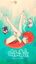  air_bubble animal barefoot bird braid braided_ponytail bubble commentary_request copyright_name duck feline female full_body green_eyes highres hugging_own_legs legs looking_at_viewer mousse_(duck)_(ranma_1/2) mousse_(ranma_1/2) p-chan pig punch121ykk ranma-chan ranma_1/2 red_hair shampoo_(cat) shampoo_(ranma_1/2) twitter_username underwater water 