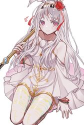  another_eden bad_id bad_pixiv_id female holding holding_staff ilulu_(another_eden) long_hair looking_up over_shoulder puchipuchi red_eyes sitting smile solo staff white_background white_hair 