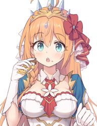  :o ahoge ascot blue_eyes blush bow braid breasts candy candy_bar chami_(pixiv15867443) cleavage cleavage_cutout clothing_cutout commentary dress eating female food food_on_face gloves hairbow highres large_breasts long_hair looking_at_viewer open_mouth orange_hair pecorine_(princess)_(princess_connect!) pecorine_(princess_connect!) princess_connect! simple_background solo tiara upper_body white_background 