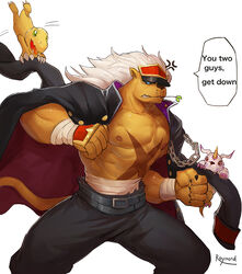  abs agumon anthro bancholeomon bandage bandai_namco bottomwear clothing coat_cape digimon digimon_(species) gabumon group hair horn male muscular muscular_anthro muscular_male nipples pants pecs raymond158 scar trio white_hair x_scar 