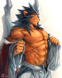  abs anthro bat_wings biceps black_hair bottomwear clothing felid grey_clothing grey_jacket grey_topwear hair iranian_mythology jacket kuron male mammal manticore membrane_(anatomy) membranous_wings middle_eastern_mythology muscular muscular_anthro muscular_male mythology pantherine pants pecs simple_background solo topwear virska white_background white_bottomwear white_clothing white_pants wings 