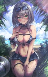  absent bikini blush breasts chest_strap cleavage cloud cloudy_sky eyewear_on_head female green_eyes grey_hair highres hololive large_breasts looking_at_viewer navel open_mouth outdoors shirogane_noel shirogane_noel_(summer_2020) short_hair skirt sky smile solo sweat swimsuit thigh_strap tree virtual_youtuber wavy_hair 