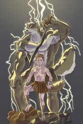  2019 abs animal_humanoid anthony_caligula anthro armor baldric barefoot biceps big_muscles brown_body brown_fur brown_hair canid canid_humanoid canine canine_humanoid canis clothed clothing cuff_(restraint) dual_persona duo electricity feet fur hair holding_object holding_weapon humanoid leather leather_armor leg_wraps lightning male mammal mammal_humanoid marioferro melee_weapon multicolored_body multicolored_fur muscular muscular_anthro muscular_male pteruges restraints rock shackles short_hair sword topless topless_male two_tone_body two_tone_fur weapon white_body white_fur wolf wolf_humanoid wraps zilch1998 