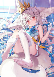  absurdres animal_ear_fluff animal_ears ascot ass asymmetrical_legwear bare_arms bare_shoulders blue_bow blue_bowtie blue_eyes blue_ribbon blush bow bowtie closed_mouth crown dress feet female flower fox_ears fox_girl fox_tail frilled_skirt frilled_vest frills full_body gem gloves grey_hair hair_between_eyes hair_ornament hair_ribbon hair_scrunchie hairbow high_collar highres indoors large_ears large_tail long_hair looking_at_viewer low_twintails lying no_shoes nyahu_(nyahu_77) on_back original red_eyes ribbon rose sakurada_shiro_(hy_plus) sakurada_shiro_(royal_lite)_(hy_plus) sash scrunchie shoulder_sash single_bare_leg single_sock skirt sleeveless sleeveless_dress socks solo tail thighhighs thighs toes twintails uneven_legwear very_long_hair vest white_background white_dress white_flower white_gloves white_hair white_rose white_socks white_thighhighs white_unitard window zettai_ryouiki 