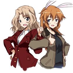  2girls animal_ears asagi501 black_tank_top blonde_hair blue_eyes blue_tank_top blush brown_jacket charlotte_e._yeager charlotte_e._yeager_(cosplay) collared_shirt cosplay country_connection cropped_legs extra_ears girls_und_panzer hair_intakes hand_on_own_hip highres jacket kay_(girls_und_panzer) long_hair looking_at_viewer multiple_girls orange_hair rabbit_ears rabbit_girl red_jacket saunders_military_uniform shirt smile strike_witches tank_top thumbs_up white_background world_witches_series 