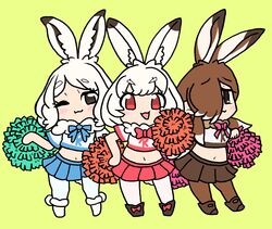  3girls :3 animal_ears arctic_hare_(kemono_friends) blush bow bowtie brown_eyes brown_hair brown_legwear charisuke cheerleader commentary_request crop_top european_hare_(kemono_friends) extra_ears frills fur_collar green_background hair_over_one_eye highres holding holding_pom_poms kemono_friends long_hair looking_at_viewer medium_hair midriff mountain_hare_(kemono_friends) multicolored_hair multiple_girls one_eye_closed open_mouth pantyhose pleated_skirt pom_pom_(cheerleading) rabbit_ears rabbit_girl rabbit_tail red_eyes short_hair short_sleeves skirt smile tail white_hair white_legwear 