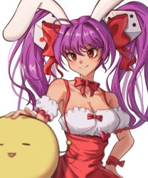  absurdres animal_ears bad_id bad_pixiv_id bow bowtie breasts cleavage closed_mouth commentary di_gi_charat dice_hair_ornament female gema hair_ornament hairbow heart high-waist_skirt highres medium_breasts medium_hair petra_(jgc845601) purple_hair rabbit_ears red_bow red_eyes red_skirt simple_background skirt smile solo suspender_skirt suspenders twintails upper_body usada_hikaru white_background 