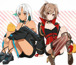  2girls aged_down ahoge aiguillette amazuki_jou arm_support asymmetrical_footwear azur_lane black_choker black_jacket blush bodypaint boots bow bustier camouflage_footwear choker closed_mouth collarbone colored_inner_hair combat_boots commentary_request corset cropped_jacket cross-laced_clothes cross-laced_footwear dark-skinned_female dark_skin earrings facepaint feather_hair_ornament feathers full_body gloves gold_choker gold_trim hair_ornament hairbow half_gloves high_collar high_ponytail highres jacket jean_bart_(azur_lane) jewelry knee_boots knees_up light_brown_hair long_sleeves manjuu_(azur_lane) massachusetts_(azur_lane) mismatched_footwear multicolored_hair multiple_girls native_american o-ring o-ring_choker off_shoulder parted_lips ponytail red_corset red_eyes short_shorts shorts single_knee_boot single_thighhigh skull_belt striped_clothes striped_thighhighs tattoo thighhighs thighs tribal_tattoo vertical-striped_clothes vertical-striped_thighhighs white_nails yellow_eyes zipper_pull_tab |_| 