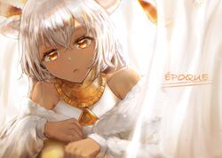  :o absurdres alternate_eye_color animal_ears arknights bad_id bad_pixiv_id bare_shoulders beeswax_(arknights) beeswax_(weisser_sand)_(arknights) blush curtains dark-skinned_female dark_skin eyebrows_hidden_by_hair female goat_ears goat_girl goat_horns hachiko_(0088) highres horns jacket long_hair long_sleeves off_shoulder official_alternate_costume open_clothes open_jacket open_mouth red_eyes solo white_hair white_jacket 