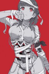  android android_girl_(itou) arm_at_side bandages blunt_bangs braid breasts contrapposto cowboy_shot female french_braid glowing glowing_eyes greyscale_with_colored_background hand_on_own_face hand_up highres itou_(onsoku_tassha) looking_at_viewer mechanical_parts medium_breasts medium_hair monochrome no_nipples original raised_eyebrows red_background red_eyes simple_background solo spot_color standing tourniquet wiping_face 