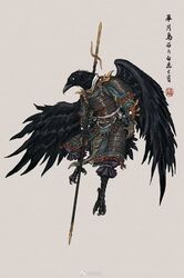  2021 anthro armor asian_clothing avian barefoot bird chinese_clothing chinese_text clothed clothing corvid east_asian_clothing fantasy feet flying fully_clothed hi_res lamellar_armor male melee_weapon muyang_fort oscine passerine polearm robe solo spear text twenty-eight_mansions warrior weapon white_eyes wings 