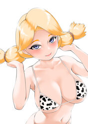  absurdres animal_print bikini blonde_hair blue_eyes blush breasts cleavage collarbone commentary_request cow_print cow_print_bikini cowgirl_(pokemon) female hair_lift hair_tie hands_up highres large_breasts looking_at_viewer micro_bikini navel no_headwear open_mouth pokemon pokemon_dppt print_bikini simple_background skindentation smile solo swimsuit toba_tsutsumi twintails upper_body white_background 