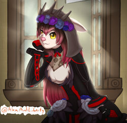  accessory alexandliberty anthro black_clothing black_dress black_hair clothing dress female flower flower_in_hair fur hair hair_accessory hi_res hololive lagomorph leporid long_ears long_hair mammal plant rabbit red_hair roboco solo vtuber wedding_dress white_body white_fur yellow_eyes 