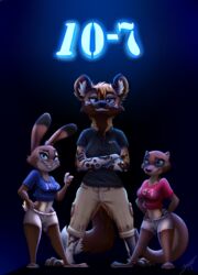  2019 absurd_res african_wild_dog anthro barefoot black_nose blue_background blue_eyes bottomwear breasts brown_body brown_fur canid canine cheek_tuft clothed clothing crop_top crossed_arms cutoffs denim denim_bottomwear denim_clothing digital_media_(artwork) dipstick_ears disney ear_markings facial_tuft fan_character feet female fluffy fully_clothed fur green_eyes grin group head_tuft hi_res inner_ear_fluff juantriforce lagomorph leporid looking_at_viewer mammal midriff multicolored_body multicolored_ears multicolored_fur mustelid navel otter pink_nose rabbit scut_tail shaded sharp_teeth shirt short_tail shorts simple_background smile standing tail teeth topwear trisha_rose_(bluelighthouse) tuft white_body white_fur yellow_body yellow_fur zootopia 