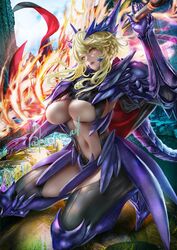  artist_name artoria_pendragon_(fate) artoria_pendragon_(lancer_alter)_(fate) blonde_hair bodysuit braid breasts cape cleavage commission dark_rhongomyniad fate/grand_order fate_(series) female french_braid gauntlets highres kaopon long_hair looking_at_viewer open_mouth revealing_clothes ribbed_bodysuit skeb_commission twitter_username underboob weapon yellow_eyes 