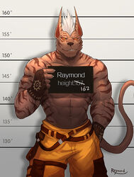  anthro canid canine canis clothed clothing inmates_clothing male mammal muscular muscular_anthro muscular_male orange_jumpsuit police prison raymond158 raymond_(raymond158) red_eyes solo striped_body stripes 