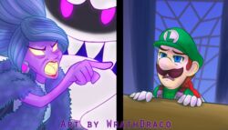  2019 angry blue_eyes blue_hair boo_(mario) brown_hair close-up clothed clothing ear_piercing ear_ring facial_hair fangs female furniture gesture ghost gloves glowing glowing_eyes hair hand_gesture handwear hat headgear headwear hellen_gravely human humor inside king king_boo long_hair luigi luigi&#039;s_mansion male mammal mansion mario_bros meme moustache nintendo not_furry open_mouth piercing pointing purple_eyes red_tongue ring_piercing royalty sharp_teeth shirt short_hair spirit table tan_body tan_skin teeth text text_on_clothing text_on_hat text_on_headwear tongue topwear woman_yelling_at_a_cat wrathdraco yellow_eyes yellow_tongue 