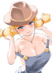  absurdres bare_shoulders blonde_hair blue_eyes blush breasts cleavage collarbone commentary_request cowboy_hat cowgirl_(pokemon) cowgirl_(western) female hair_lift hair_tie hands_up hat highres large_breasts looking_at_viewer naked_overalls open_mouth overalls poke_ball_symbol pokemon pokemon_dppt simple_background smile solo strap_slip toba_tsutsumi twintails upper_body white_background 