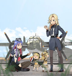  4girls aircraft airplane annin_musou b-25_mitchell bad_id bad_twitter_id belt belt_buckle black_belt black_footwear black_jacket black_necktie black_pantyhose black_skirt black_thighhighs blonde_hair blue_eyes blue_hair blush bomber_jacket brown_gloves buckle check_commentary closed_mouth cloud collared_shirt commentary commentary_request day eating fairy_(kancolle) food gloves grey_eyes hornet_(kancolle) jacket kantai_collection long_hair long_sleeves military military_vehicle multicolored_hair multiple_girls necktie open_mouth pantyhose pencil_skirt pilot_suit popcorn red_hair science_fiction shirt sitting skirt south_dakota_(kancolle) south_dakota_kai_(kancolle) standing star_(symbol) thighhighs thighhighs_over_pantyhose triangle_mouth white_hair white_shirt 