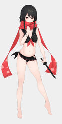  absurdres bare_arms bare_legs bare_shoulders barefoot bikini bikini_skirt black_bikini black_hair breasts cleavage commentary covered_mouth enpera female frilled_bikini frills frown full_body groin hand_up highres holding holding_sword holding_weapon long_hair long_legs looking_at_viewer medium_breasts midriff navel neckerchief official_alternate_costume red_eyes red_scarf sailor_bikini sailor_collar sayo_samonji_(tenka_hyakken) scarf short_sword simple_background solo stomach swimsuit sword tenka_hyakken thighs weapon white_background xochi_(nueeen6978) 