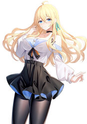  ahoge black_pantyhose black_skirt blonde_hair blue_eyes blush breasts choker cleavage collarbone commentary_request female highres large_breasts long_hair long_sleeves looking_at_viewer off-shoulder_shirt off_shoulder original pantyhose ririko_(zhuoyandesailaer) saegusa_futaba shirt simple_background skirt smile solo thighs white_background white_shirt 