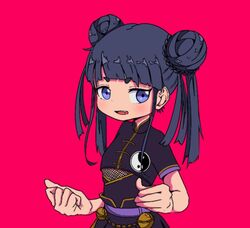  bad_id bad_twitter_id bell black_hair blunt_bangs chinese_clothes double_bun female hair_bun jingle_bell looking_at_viewer medium_hair nao97122 open_mouth original pink_background purple_eyes short_sleeves simple_background solo standing twintails upper_body yin_yang yin_yang_print 