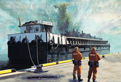  2boys bag black_footwear bodysuit bollard boots cloud commentary explosive facing_away from_behind male_focus mine_(weapon) monster multiple_boys ocean orange_bodysuit original outdoors photoshop_(medium) realistic scenery science_fiction ship sky standing toy(e) translated watercraft yuugai_choujuu 