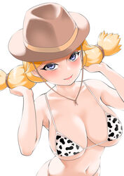  absurdres animal_print bikini blonde_hair blue_eyes blush breasts cleavage collarbone commentary_request cow_print cow_print_bikini cowboy_hat cowgirl_(pokemon) cowgirl_(western) female hair_lift hair_tie hands_up hat highres large_breasts looking_at_viewer micro_bikini navel open_mouth pokemon pokemon_dppt print_bikini simple_background skindentation smile solo swimsuit toba_tsutsumi twintails upper_body white_background 